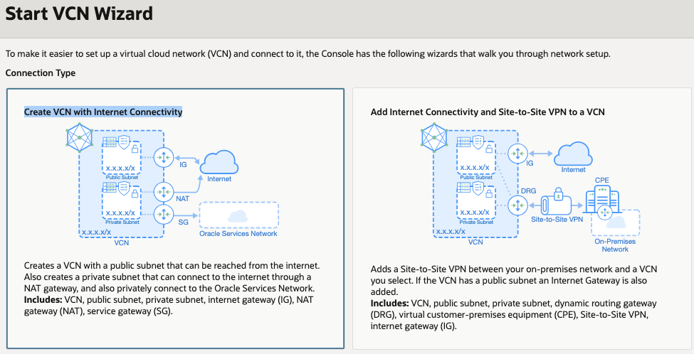 VCN Wizard 에서 Create VCN with Internat Connectivity