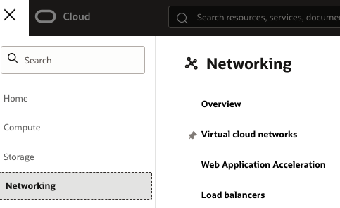 오라클 클라우드 Virtual Cloud Networks 메뉴